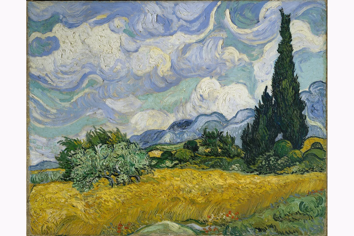 Campo dorado con cipreses y nubes blancas onduladas.