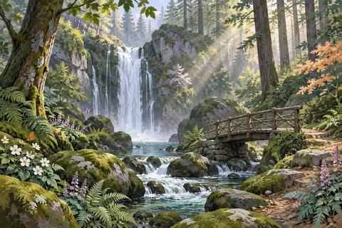 Cascada entre árboles, helechos y rocas cubiertas de musgo junto a un puente de madera.