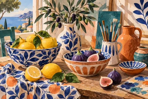 Bodegón de cerámica pintada, limones, higos, pinceles y ramas de olivo.