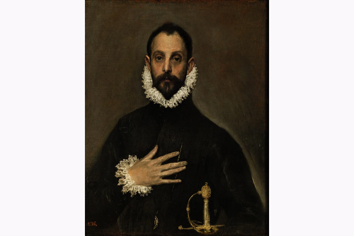 Retrato de un caballero vestido de negro con la mano sobre el pecho.