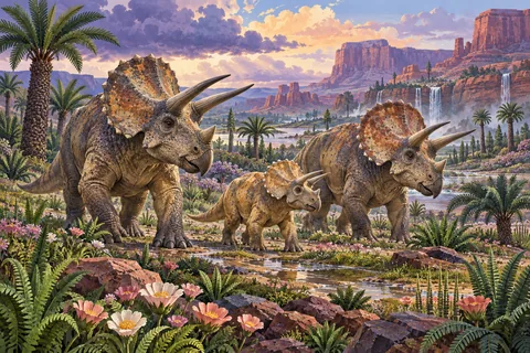 Dos tricerátops y una cría caminan por una llanura prehistórica con flores y acantilados.