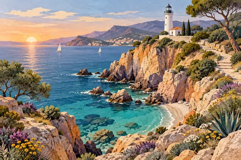 Faro blanco sobre una cala mediterránea de agua turquesa, acantilados y flores.