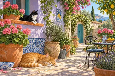 Dos gatos descansan entre macetas en un patio soleado.