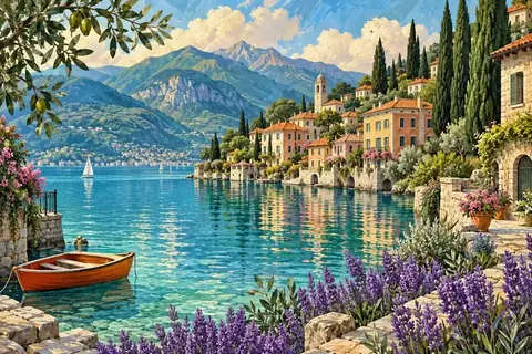 Un pueblo de tejados cálidos junto a un lago turquesa, con montañas y flores.