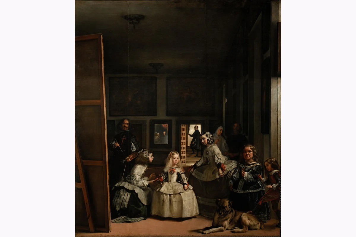 La infanta Margarita, sus acompañantes y Velázquez en una sala.