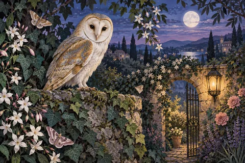 Lechuza blanca sobre un muro con hiedra y jazmín en un jardín iluminado por la luna.