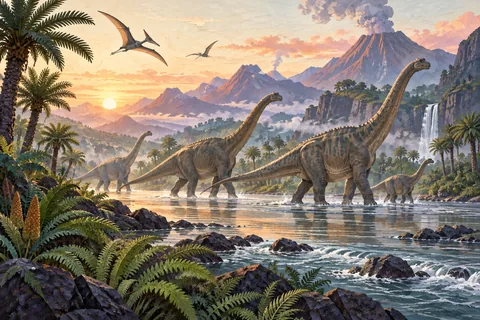 Manada de dinosaurios saurópodos cruzando un río en un valle de helechos y volcanes.