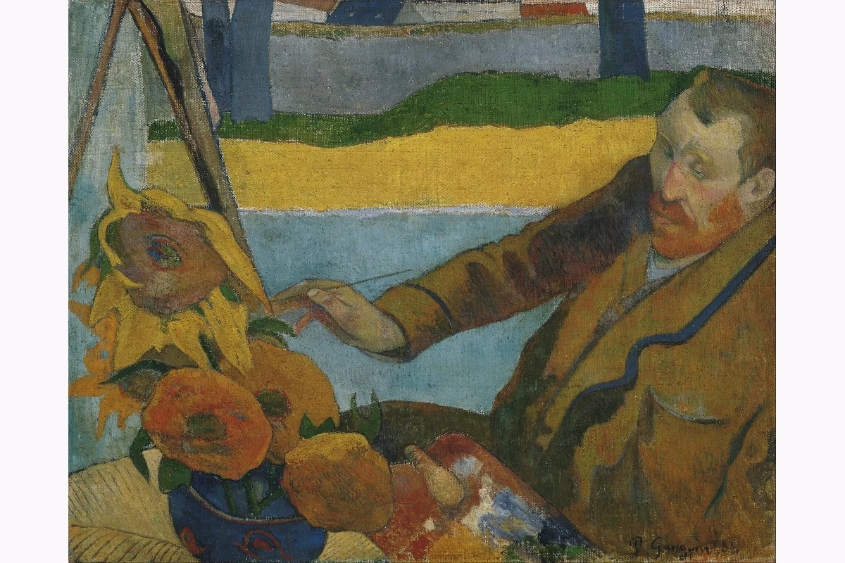 Retrato de Vincent van Gogh pintando un jarrón con girasoles.